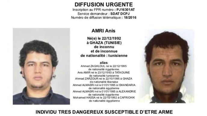 Anis Amri, Tunisan, podezřelý z berlínských útoků.