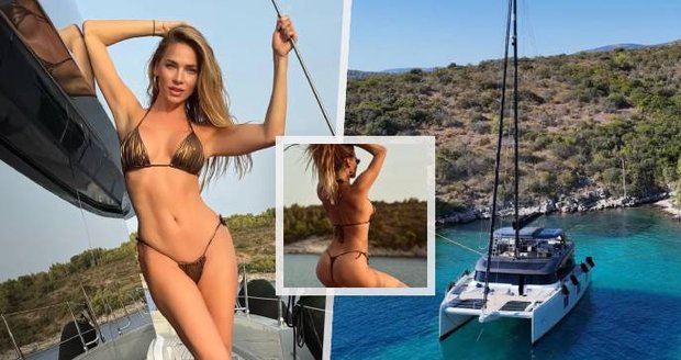 Andrea Verešová se sluní na luxusním katamaránu.
