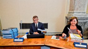 Premiér Andrej Babiš a ministryně financí Alena Schillerová před schůzí vlády (26. 8. 2019)