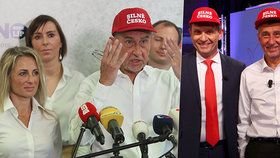 Andrej Babiš s červenou čepicí vystoupil na tiskovce ANO k eurovolbám. Dal ji i moderátorovi Jaromíru Soukupovi