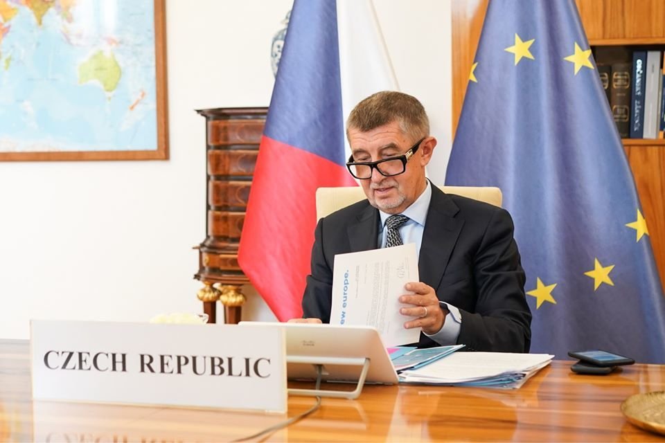 Andrej Babiš (ANO) během videokonference s premiéry a prezidenty zemí EU (19.6.2020)