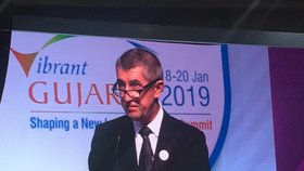 Andrej Babiš vystoupil s projevem na indickém summitu Vibrant Gujarat před tisícovkami delegátů a mnoha státníky (18.1.2019).