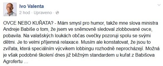 Ivo Valenta zareagoval na Facebooku na Andreje Babiše.