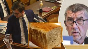 Pirát Jakub Michálek během svého projevu v Poslanecké sněmovna věnoval premiérovi Andreji Babišovi toustový chléb značky Penam (4. 6. 2019)