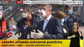 Andrej Babiš a Jan Hamáček na tiskovce po příletu letadla s respirátory z Číny