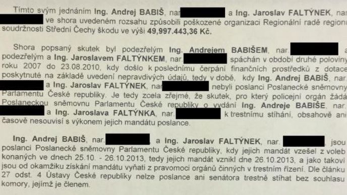 Přinášíme policejní žádost o vydání poslanců Andreje Babiše a Jaroslava Faltýnka ke stíhání kvůli dotačnímu podvodu.