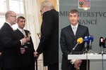 Andrej Babiš na Hradě se Sobotkou a Zemanem při jmenování vlády. Vpravo pak při uvedení do resortu se svým předchůdcem Janem Fischerem