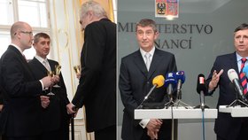 Andrej Babiš na Hradě se Sobotkou a Zemanem při jmenování vlády. Vpravo pak při uvedení do resortu se svým předchůdcem Janem Fischerem