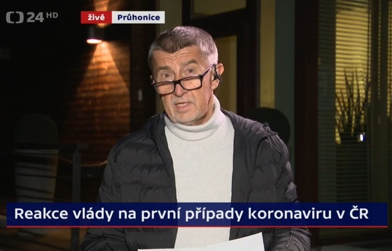 Premiér Babiš reagoval v ČT na první tři výskyty nákazy koronavirem v Česku (1. 3. 2020).