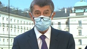 Andrej Babiš (ANO) v roušce na tiskovce po jednání vlády (17.3.2020)