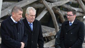 Vicepremiér Andrej Babiš, prezident Miloš Zeman a jeho mluvčí Jiří Ovčáček na Babišově Čapím hnízdě