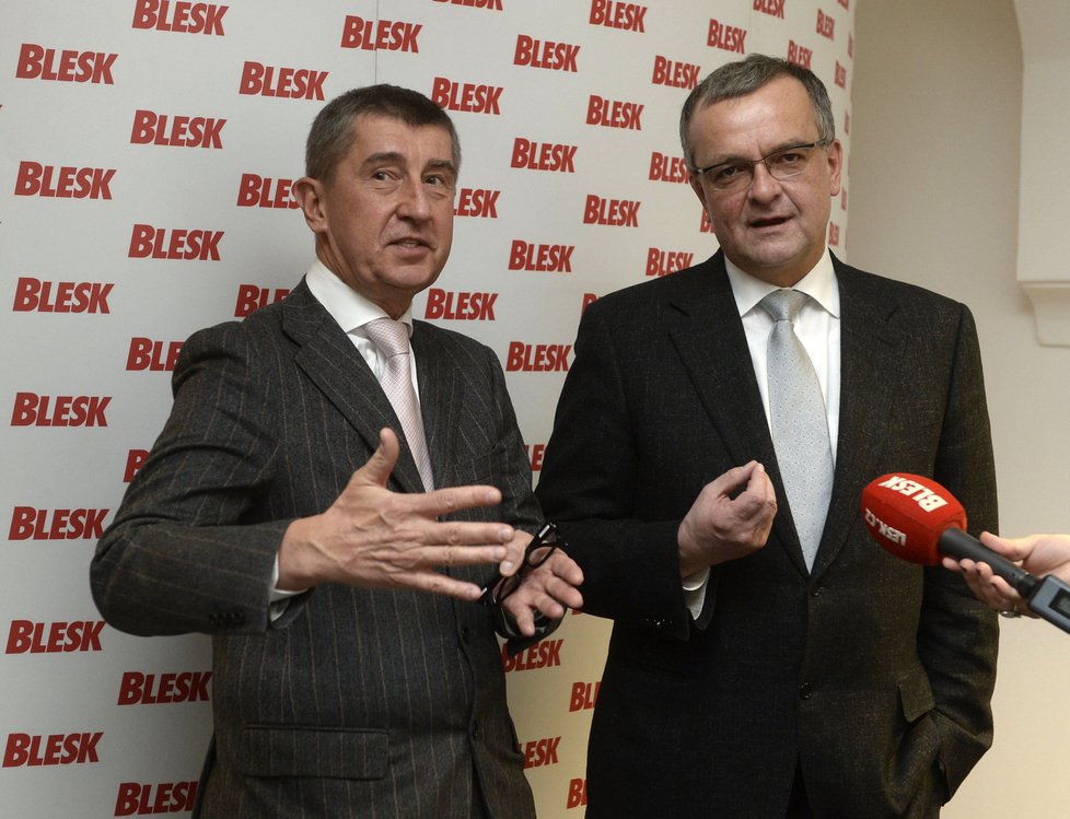 Ministr financí Andrej Babiš a exministr Miroslav Kalousek v redakci Blesku