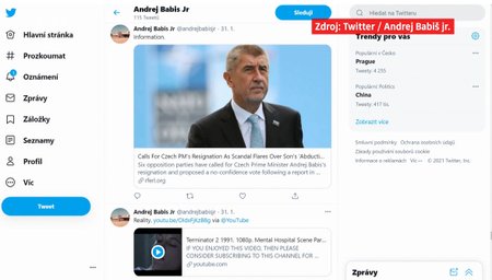 Příspěvek z twitterového účtu Andreje Babiše ml., který premiérův syn smazal. Sdílel v něm článek týkající se výzvy k rezignaci jeho otce