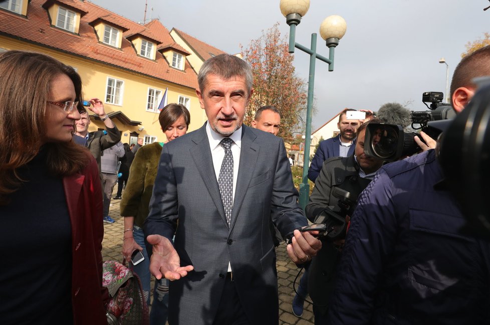 Volby 2017: Andrej Babiš vyrazil volit na úřad v Průhonicích, sledoval jej dav novinářů