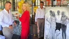 Premiér Andrej Babiš (ANO) dostal na narozeninové oslavě domácí dort a obrovský obraz.