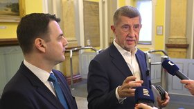 Andrej Babiš (ANO) a ministr zahraničí Macinka (Motoristé) po jednání Bezpečnostní rady státu (2.3.2026)