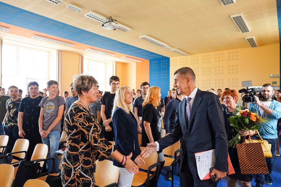 Předseda vlády Andrej Babiš na návštěvě střední průmyslové školy strojnické v Plzni.