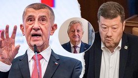 Andrej Babiš (ANO), ministr obrany za SPD Jaromír Zůna a Tomio Okamura (SPD)