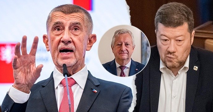 Andrej Babiš (ANO), ministr obrany za SPD Jaromír Zůna a Tomio Okamura (SPD)