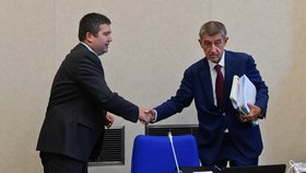 Premiér Andrej Babiš (ANO) a vicepremiér a ministr vnitra z ČSSD Jan Hamáček (vlevo) před schůzí vlády (9. 9. 2019)