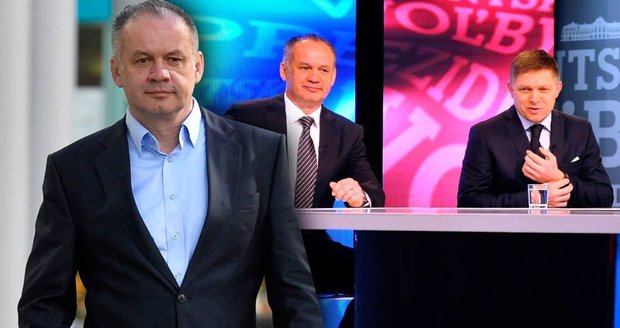 Kandidát na slovenského prezidenta Andrej Kiska (vpravo v TV studiu s Robertem Ficem)