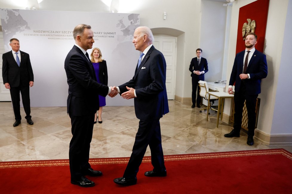 Jednání skupiny B9: Polský prezident Andrzej Duda a americký prezident Joe Biden (22.2.2023)