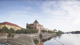 Vizualizace, jak se měl původně proměnit tzv. Anenský trojúhelník na Smetanově nábřeží. Kvůli javoru, který namístě nakonec zůstane, se ale projekt promění a průchod na nábřeží se vyčistí jen ze strany od řeky.