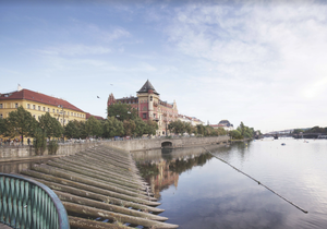 Vizualizace, jak se měl původně proměnit tzv. Anenský trojúhelník na Smetanově nábřeží. Kvůli javoru, který namístě nakonec zůstane, se ale projekt promění a průchod na nábřeží se vyčistí jen ze strany od řeky.