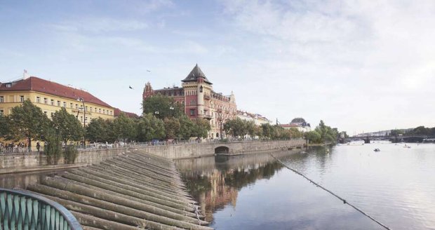 Vizualizace, jak se měl původně proměnit tzv. Anenský trojúhelník na Smetanově nábřeží. Kvůli javoru, který namístě nakonec zůstane, se ale projekt promění a průchod na nábřeží se vyčistí jen ze strany od řeky.