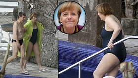 Angela Merkel s manželem u bazénu v termálních lázních na italském ostrově Ischia