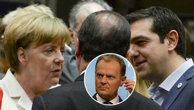 Angela Merkelová a Tsipras se nemohli dohodnout. Na pokraji krachu zachránil situaci Donald Tusk. (uprostřed)