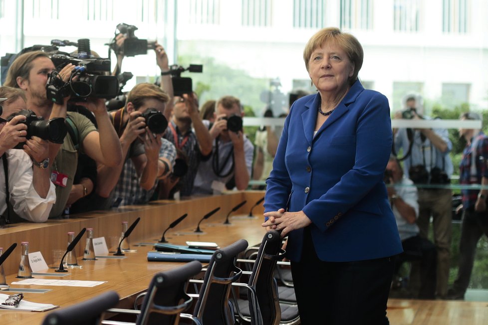Německá kancléřka Angela Merkelová na velké tiskové konferenci v Berlíně