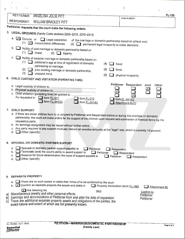 Bod 5: Právní důvody Neslučitelné rozdíly, Bod 6: Děti do vlastní péče (zaškrtnuta Jolie), Návštěvy dětí (zaškrtnut Pitt), Bod 7: Požadované příspěvky na děti (nevyplněno), Požadované příspěvky na partnera (nevyplněno), Bod 9: Oddělený majetek (zaškrtnuto za b/ Potvrdit jako oddělený majetek následující předměty), Šperky a ostatní osobní předměty 	Výdělky, které navrhovatel získal po ukončení vztahu. Existují aktiva a závazky, jejichž přesný rozsah není navrhované straně znám.