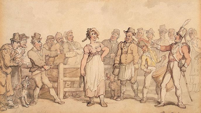 Dražba ženy na tržišti na kresbě Thomase Rowlandsona