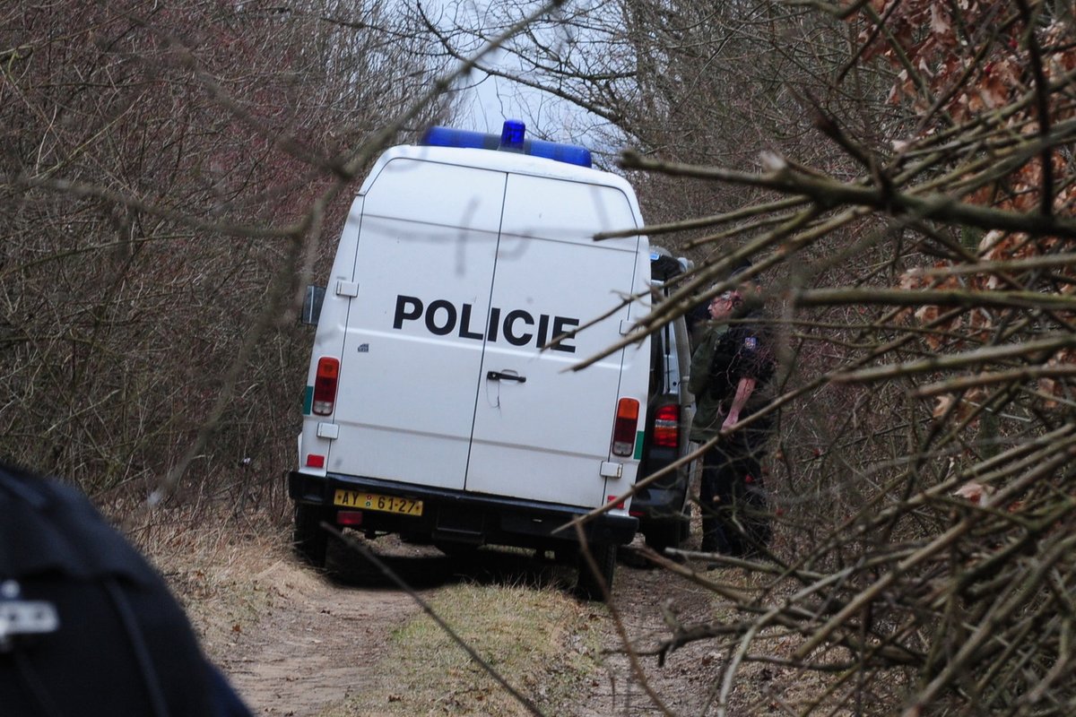 Kosterní ostatky s částmi lidské tkáně vyzvedl pohřební vůz (před policejním vozem).