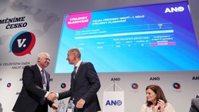 Předseda ANO Andrej Babiš přijímá gratulace ke zvolení od Jaroslava Faltýnka (17. 2. 2019)