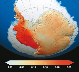 Antarktida se ohřívá, a to tempem 0,12 °C za deset let.