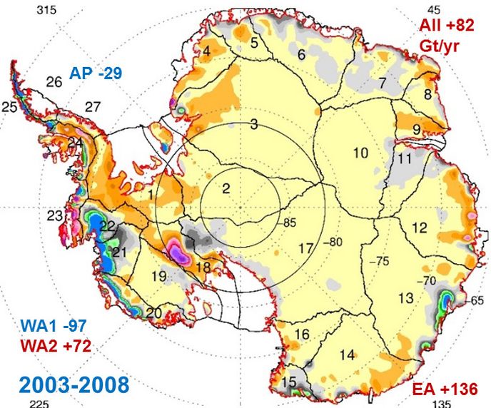 Mapa příbytků a úbytků ledu v Antarktidě. Modrá barva znamená extrémní úbytek a červená extrémní příbytek.(WA - Západní Antarktida, AP - Antarktický poloostrov, EA - Východní Antarktida)