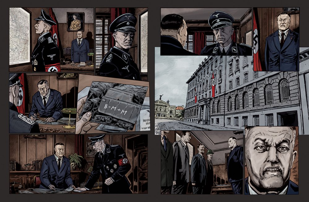 Ilustrace použité z komiksových knih autorské dvojice Zdeněk Ležák a Michal Kocián - Anthropoid aneb Zabili jsme Heydricha (Argo 2021), Tři králové (Argo 2017) a Stopa legionáře 2 - Osudy (Argo 2015)