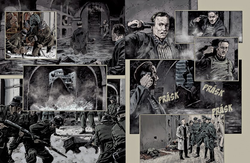 Ilustrace použité z komiksových knih autorské dvojice Zdeněk Ležák a Michal Kocián - Anthropoid aneb Zabili jsme Heydricha (Argo 2021), Tři králové (Argo 2017) a Stopa legionáře 2 - Osudy (Argo 2015)