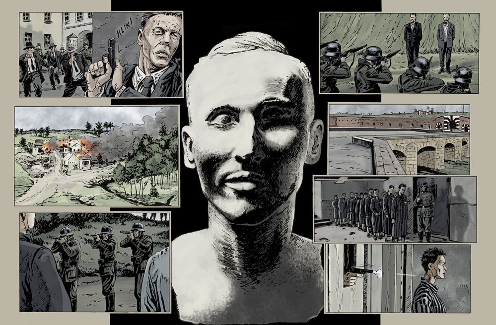 Ilustrace použité z komiksových knih autorské dvojice Zdeněk Ležák a Michal Kocián - Anthropoid aneb Zabili jsme Heydricha (Argo 2021), Tři králové (Argo 2017) a Stopa legionáře 2 - Osudy (Argo 2015)