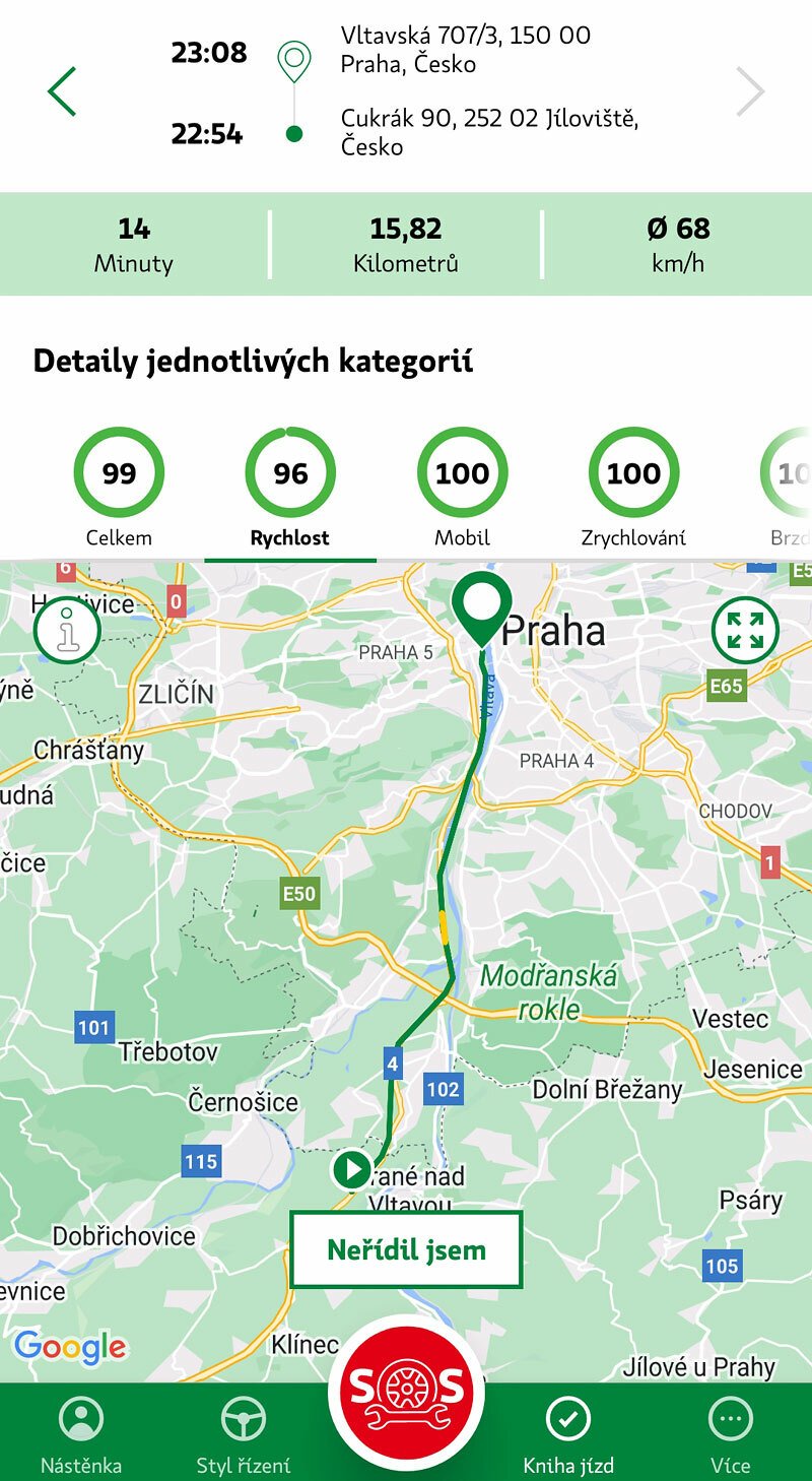 Přestože jsme jízdu začínali z centra Prahy a mířili na Berounsko, aplikace zaznamenala jen část ze Smíchova k Cukráku.