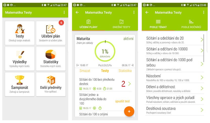 Aplikace Matematika testy - obsahuje testové otázky i teorii.
