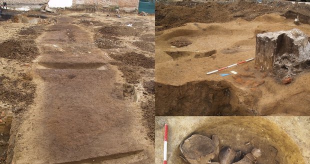 Archeologové narazili na Táborské ulici na pravěké objekty. a) příkopovitý útvar (vlevo) b) hliník druhotně využitý jako dílna na výrobu štípané industrie se dvěma zřetelnými kumulacemi mazanice (vpravo nahoře) c) keramický depot jordanowské kultury