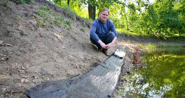 Archeolog Libor Kalčík u Dyje v Břeclavi nad fragmenty tisíce let staré vydlabané dubové lodi. Mohla sloužit k přepravě materiálu, možná těžších beden nebo rybolovu.