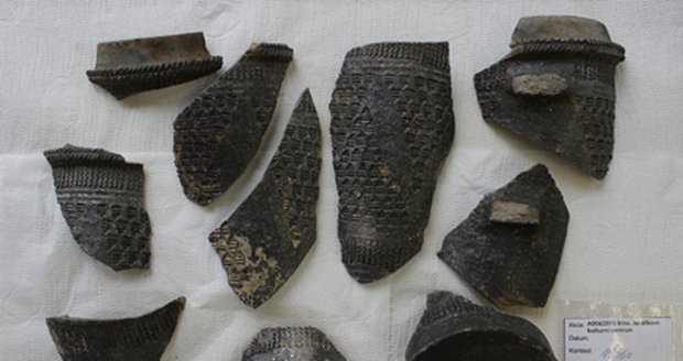 Fragmenty zdobeného středověkého poháru po odborném ošetření