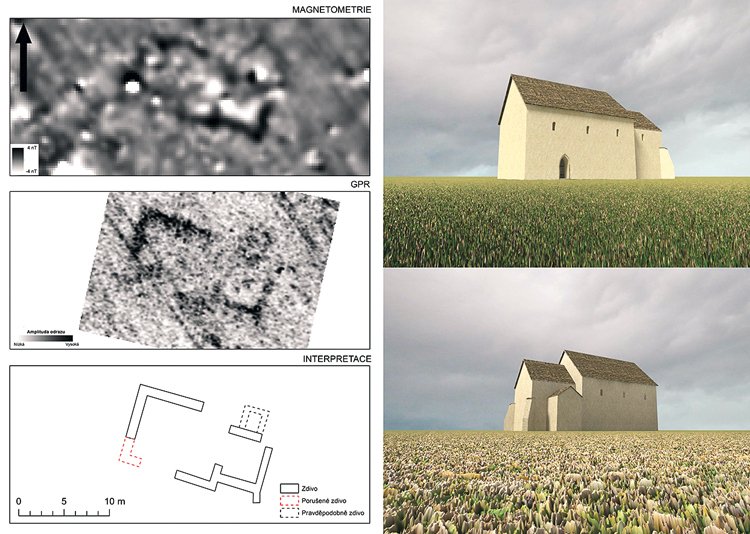 Objev zaniklého středověkého kostela a srovnání použití magnetometrie (nahoře) a radaru (uprostřed)