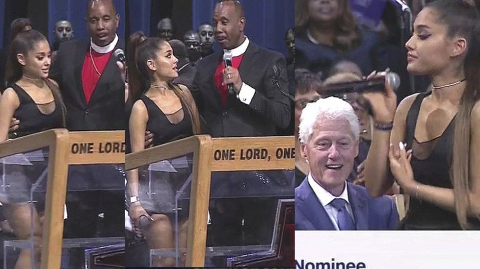 Pastor Ellis si za tento příliš důvěrný a pevný úchop Ariany Grande vysloužil kritiku. Bill Clinton ze zpěvačky v mini šatech nemohl spustit oči