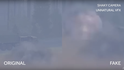 Záběr ze hry Arma vedle zmanipulované nahrávky, která se vydává za reálný záběr.