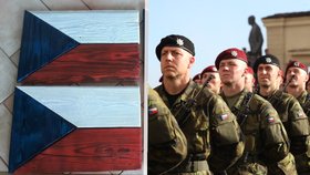 Vlevo: vlajky, které se draží na pomoc vojákům; vpravo: Armáda ČR (ilustrační foto)